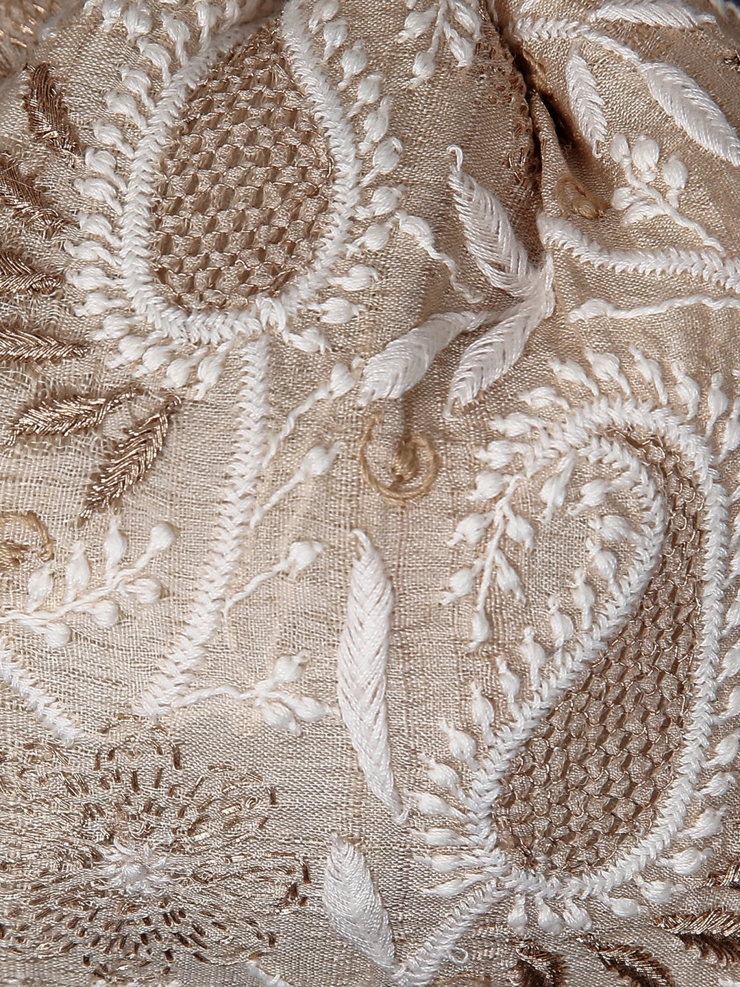 Ada Hand Embroidered Natural Fawn Silk Lucknowi Chikankari Potli Bag With Zari Work 01A436549