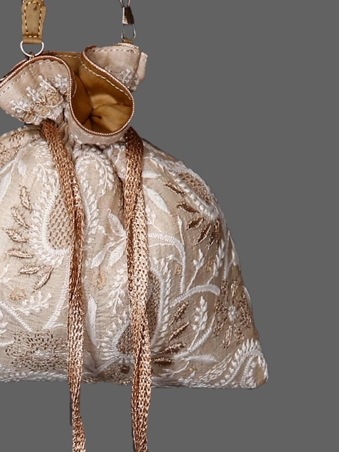 Ada Hand Embroidered Natural Fawn Silk Lucknowi Chikankari Potli Bag With Zari Work 01A436549