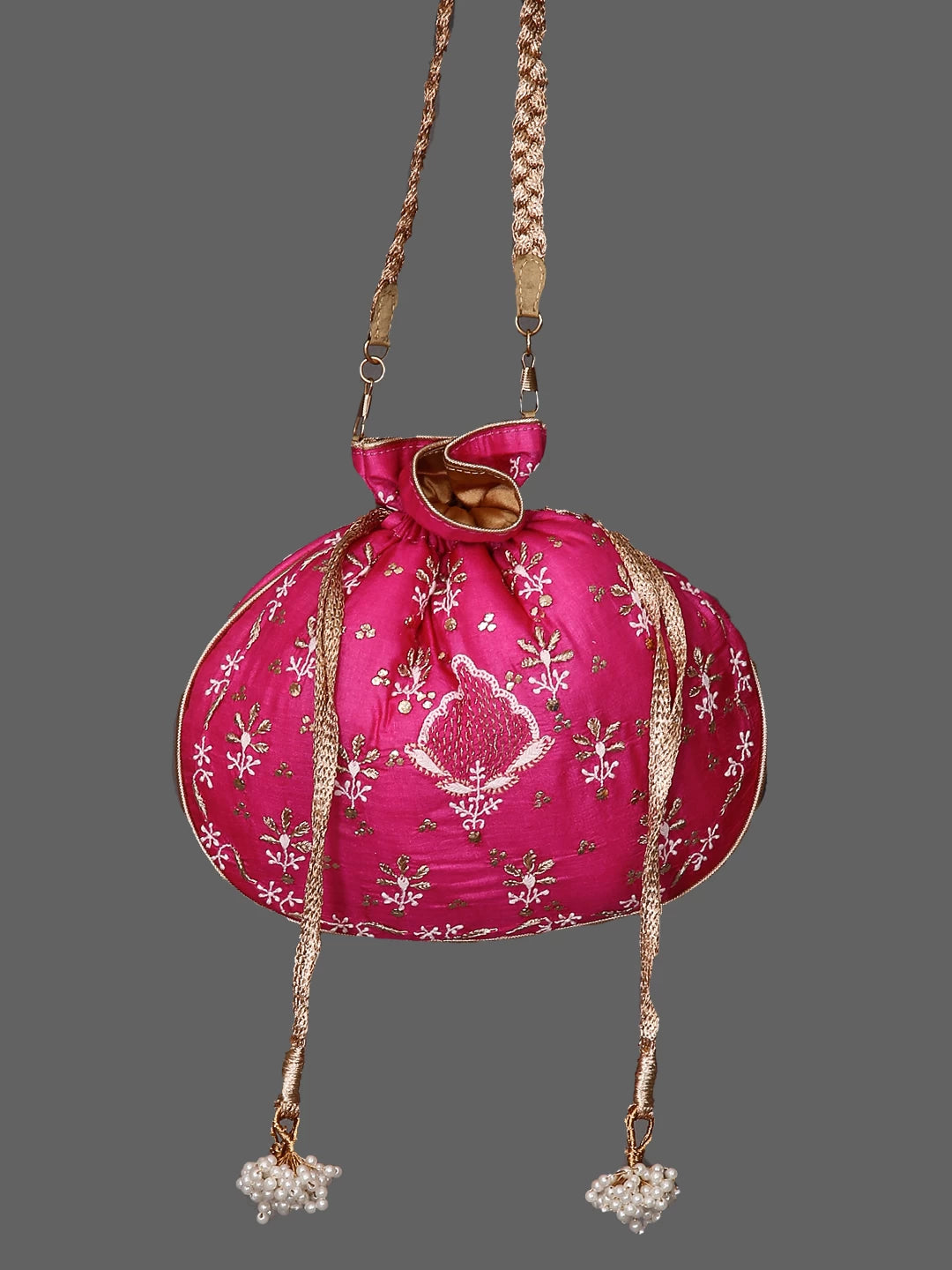 Ada Hand Embroidered Fuchsia Pink Silk Lucknowi Chikankari Potli Bag With Muqaish Work 01A447217