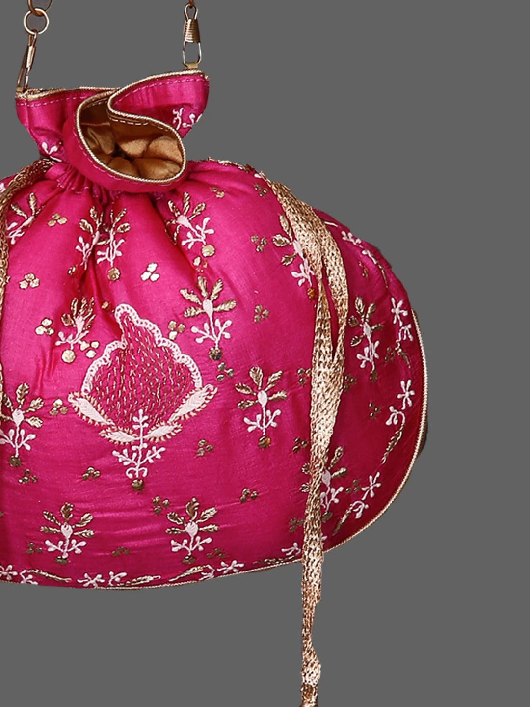 Ada Hand Embroidered Fuchsia Pink Silk Lucknowi Chikankari Potli Bag With Muqaish Work 01A447217