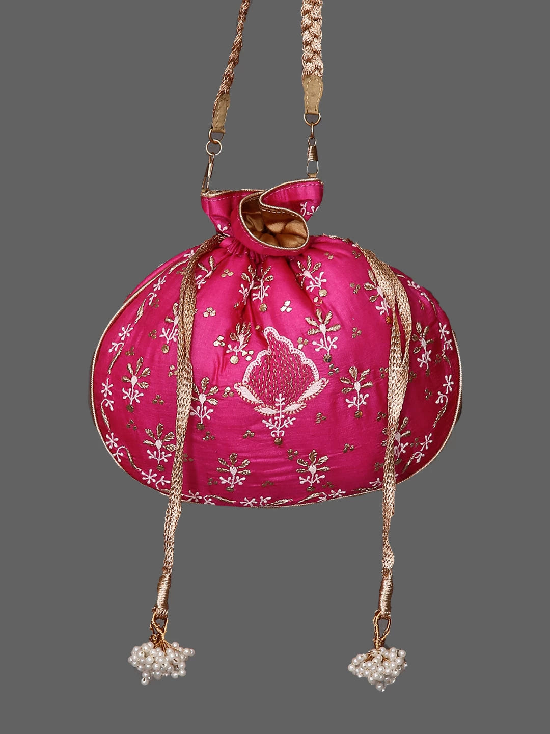 Ada Hand Embroidered Fuchsia Pink Silk Lucknowi Chikankari Potli Bag With Muqaish Work 01A447217