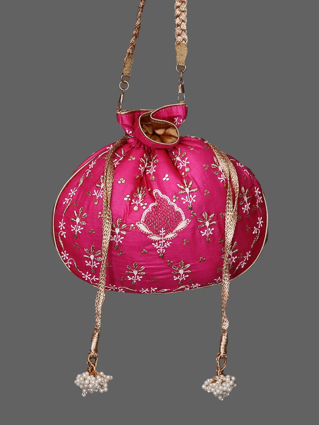 Ada Hand Embroidered Fuchsia Pink Silk Lucknowi Chikankari Potli Bag With Muqaish Work 01A447217