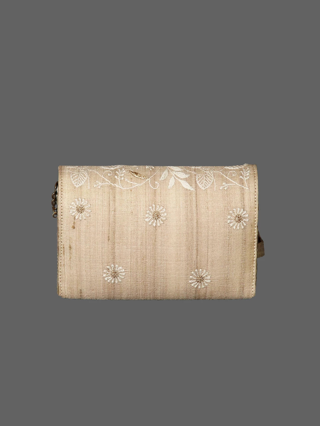 Ada Hand Embroidered Natural Fawn Silk Lucknowi Chikankari Clutch With Zari Work 01A429760
