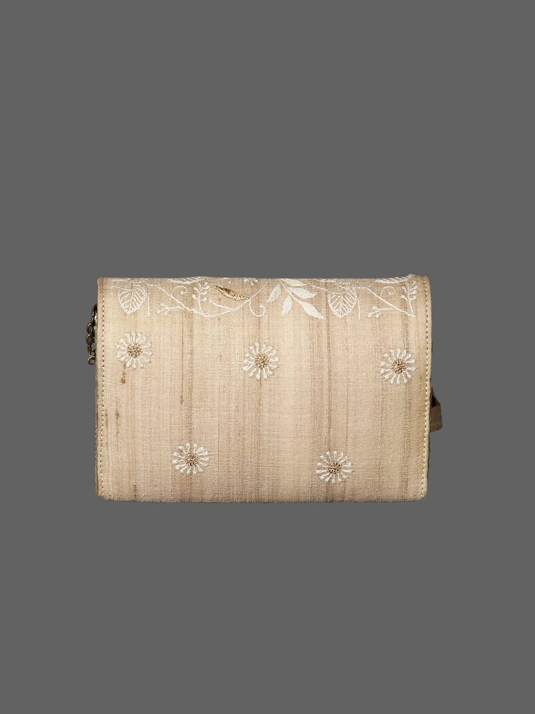 Ada Hand Embroidered Natural Fawn Silk Lucknowi Chikankari Clutch With Zari Work 01A429760