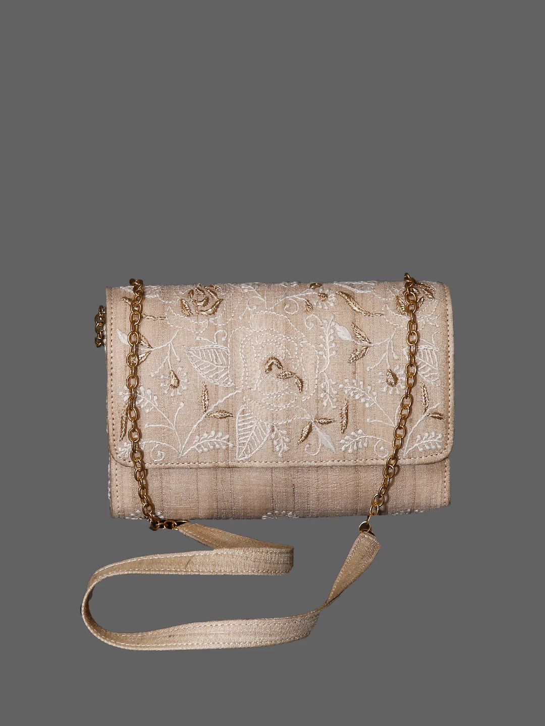 Ada Hand Embroidered Natural Fawn Silk Lucknowi Chikankari Clutch With Zari Work 01A429760
