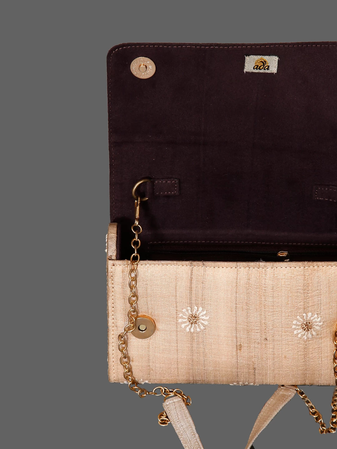 Ada Hand Embroidered Natural Fawn Silk Lucknowi Chikankari Clutch With Zari Work 01A429760