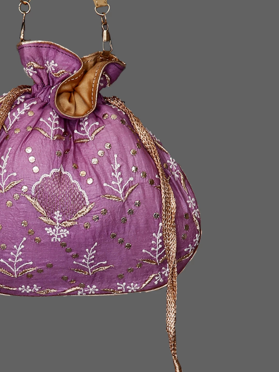 Ada Hand Embroidered Mauve Silk Lucknowi Chikankari Potli Bag With Muqaish Work 01A398087