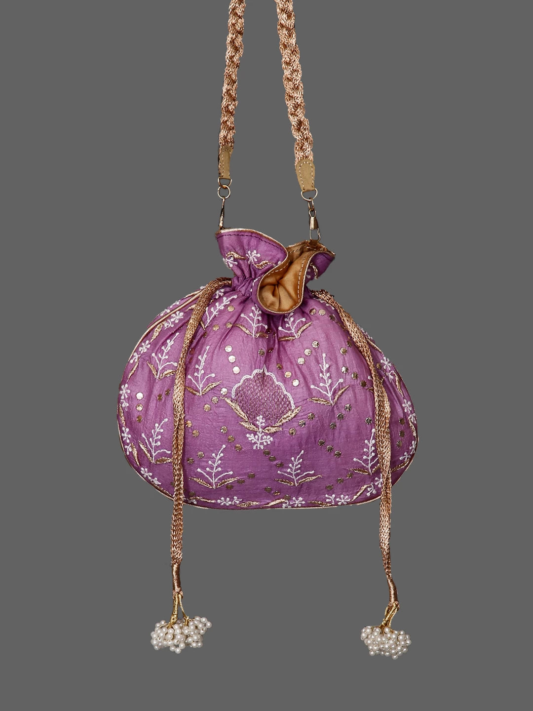 Ada Hand Embroidered Mauve Silk Lucknowi Chikankari Potli Bag With Muqaish Work 01A398087