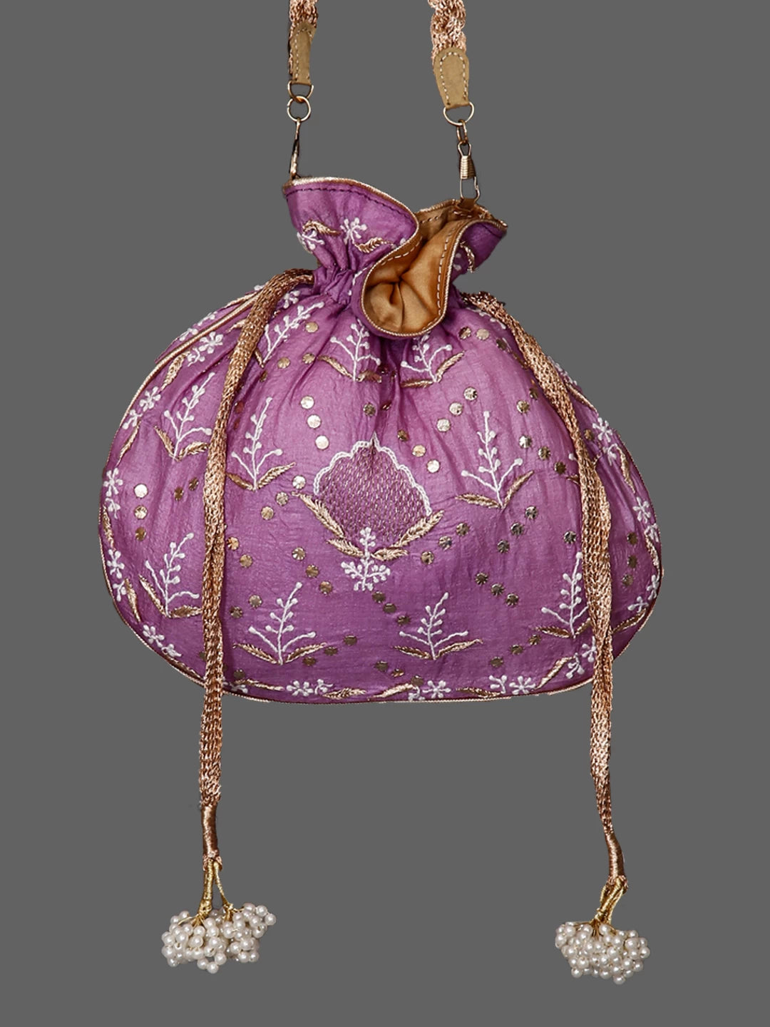 Ada Hand Embroidered Mauve Silk Lucknowi Chikankari Potli Bag With Muqaish Work 01A398087