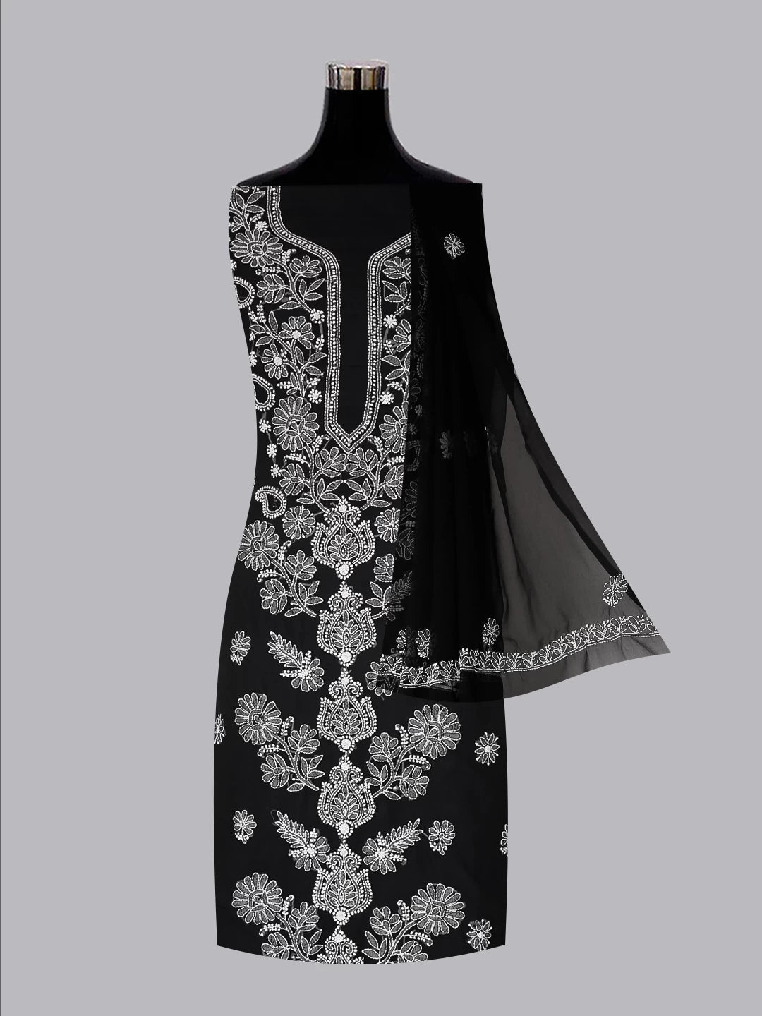Ada Hand Embroidered Black Georgette Lucknowi Chikankari Unstitched Suit Piece A211279