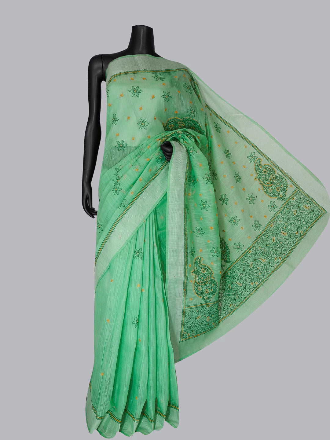 Ada Hand Embroidered Sea Green Chanderi Lucknowi Chikankari Saree With Blouse 01A453613