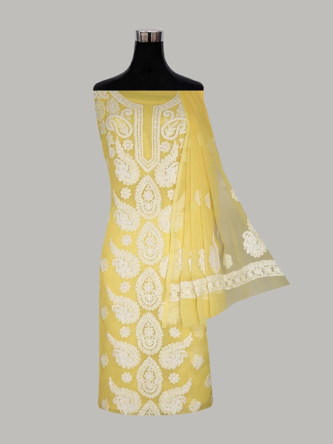 Ada Hand Embroidered Yellow Georgette Lucknowi Chikankari Unstitched Suit Piece A211313