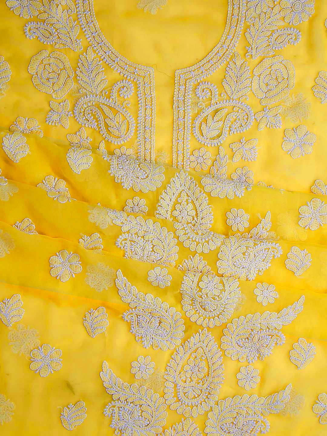 Ada Hand Embroidered Yellow Georgette Lucknowi Chikankari Unstitched Suit Piece A211313
