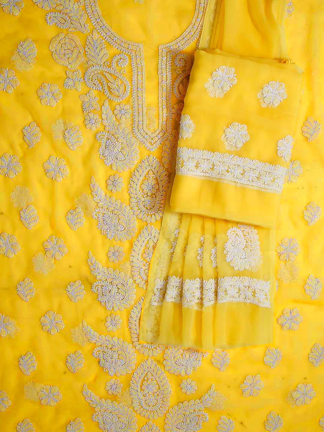 Ada Hand Embroidered Yellow Georgette Lucknowi Chikankari Unstitched Suit Piece A211313