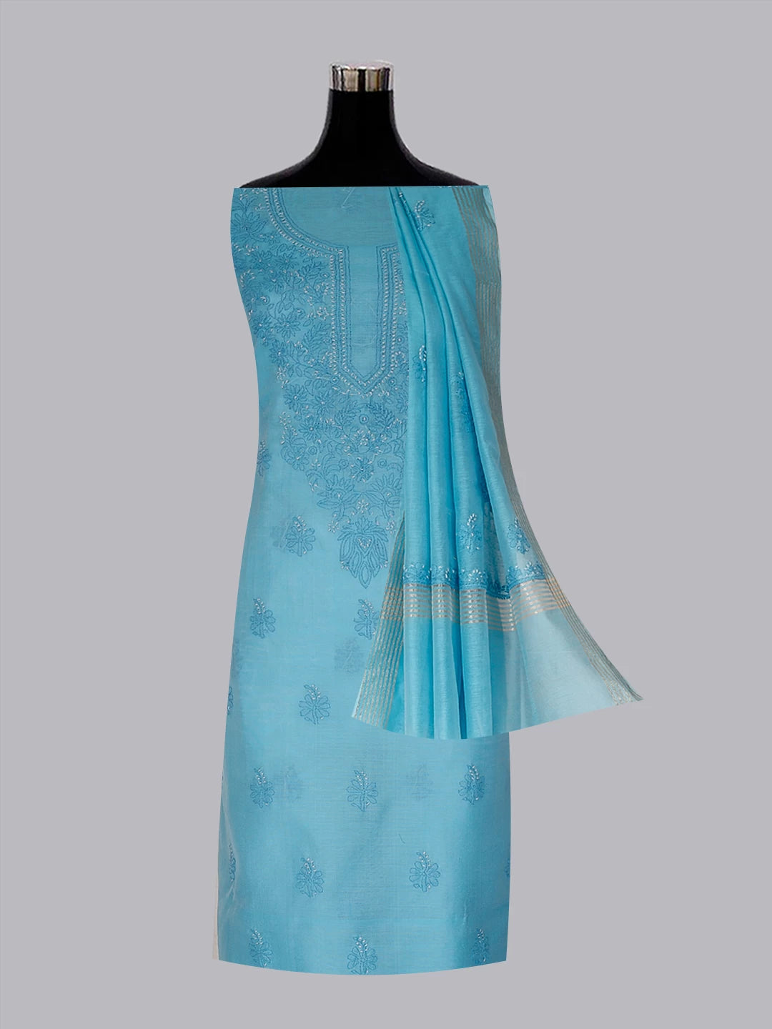 Ada Hand Embroidered Sky Blue Chanderi Lucknowi Chikankari Unstitched Kurta Dupatta Set 01A384754