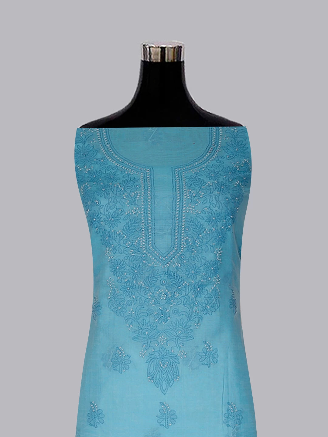 Ada Hand Embroidered Sky Blue Chanderi Lucknowi Chikankari Unstitched Kurta Dupatta Set 01A384754