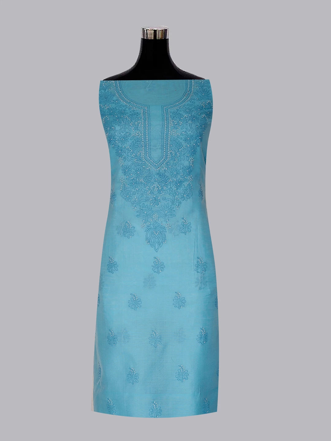 Ada Hand Embroidered Sky Blue Chanderi Lucknowi Chikankari Unstitched Kurta Dupatta Set 01A384754