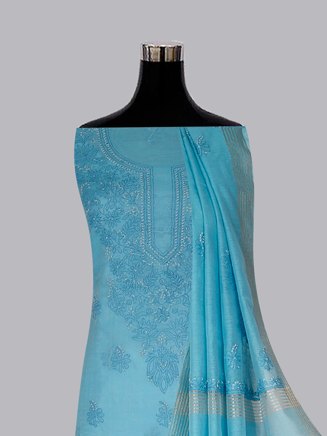 Ada Hand Embroidered Sky Blue Chanderi Lucknowi Chikankari Unstitched Kurta Dupatta Set 01A384754