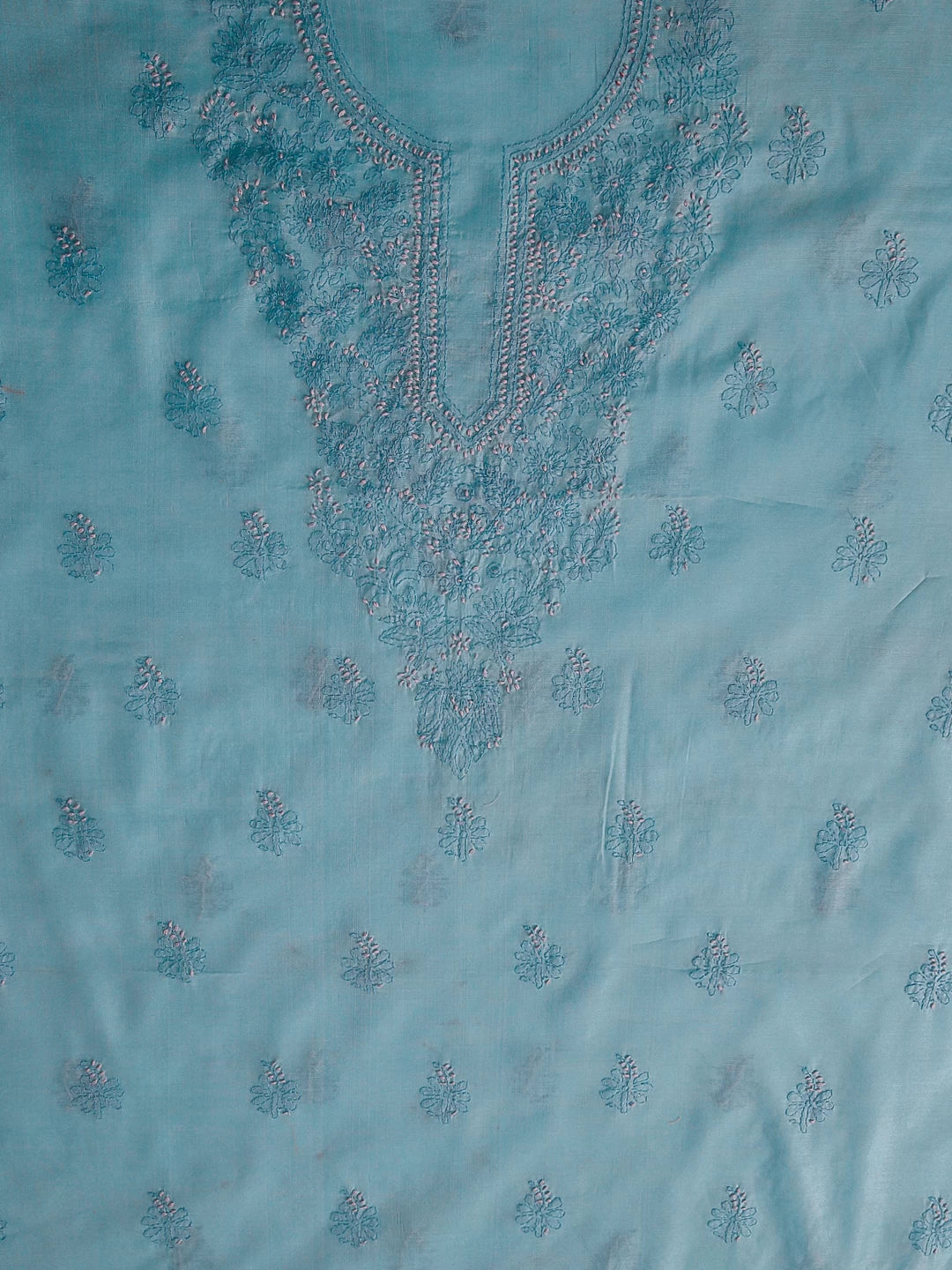 Ada Hand Embroidered Sky Blue Chanderi Lucknowi Chikankari Unstitched Kurta Dupatta Set 01A384754