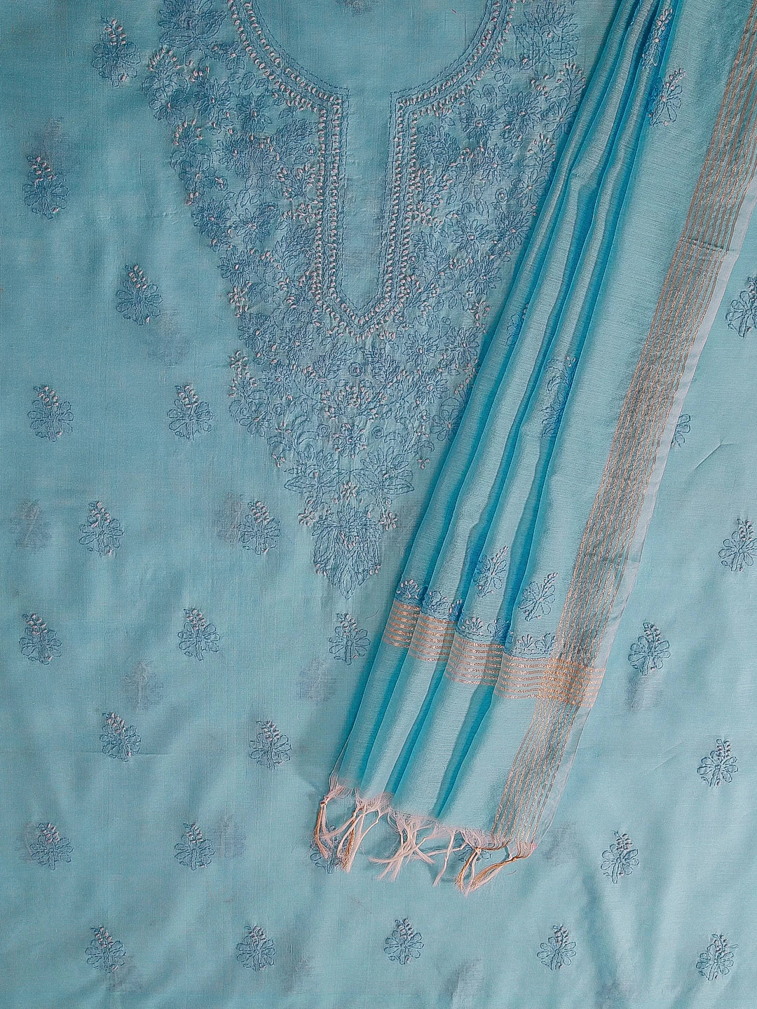 Ada Hand Embroidered Sky Blue Chanderi Lucknowi Chikankari Unstitched Kurta Dupatta Set 01A384754
