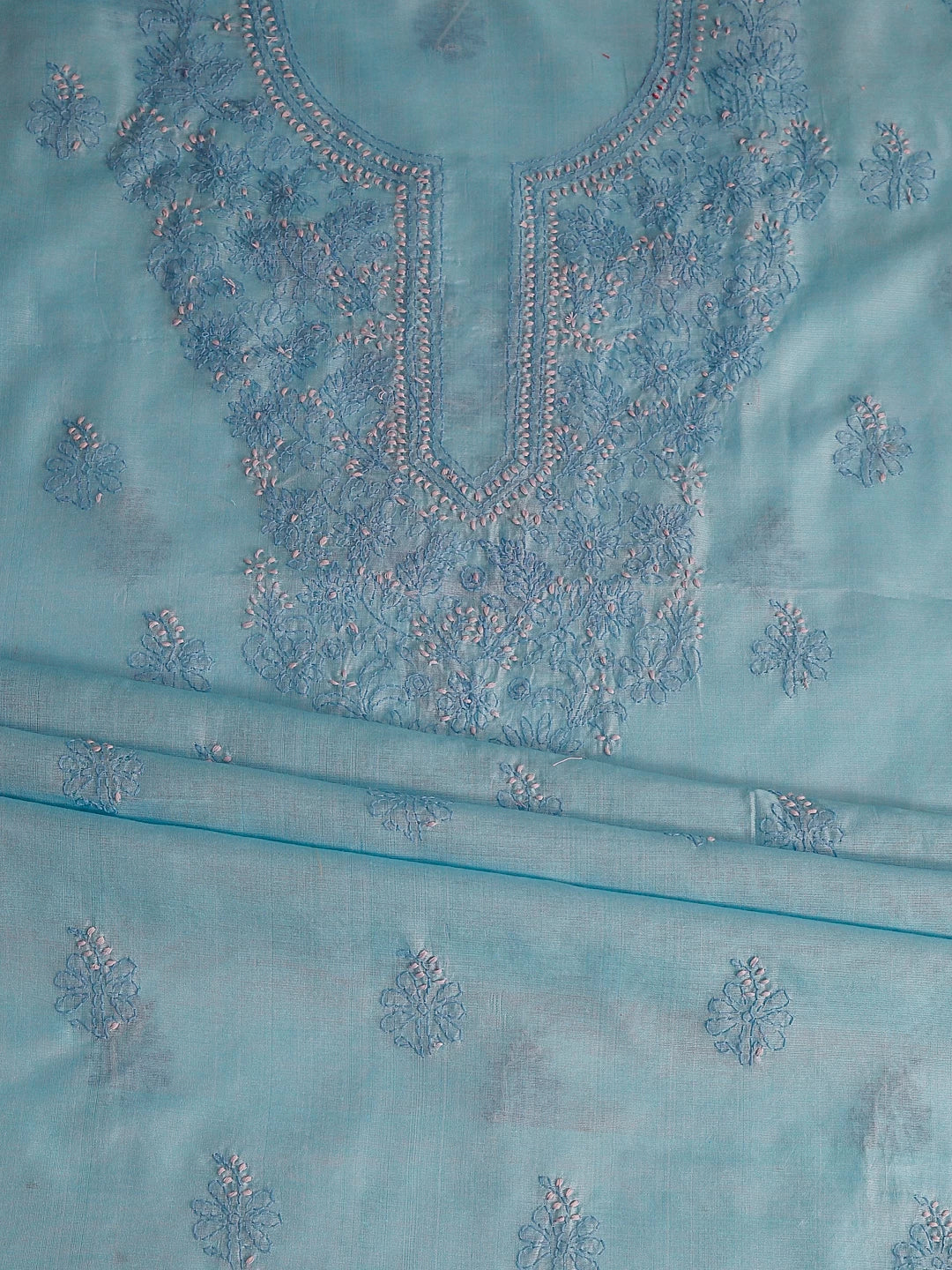 Ada Hand Embroidered Sky Blue Chanderi Lucknowi Chikankari Unstitched Kurta Dupatta Set 01A384754