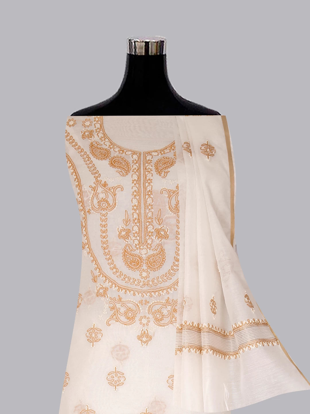 Ada Hand Embroidered Cream Chanderi Lucknowi Chikankari Unstitched Kurta Dupatta Set 01A384753