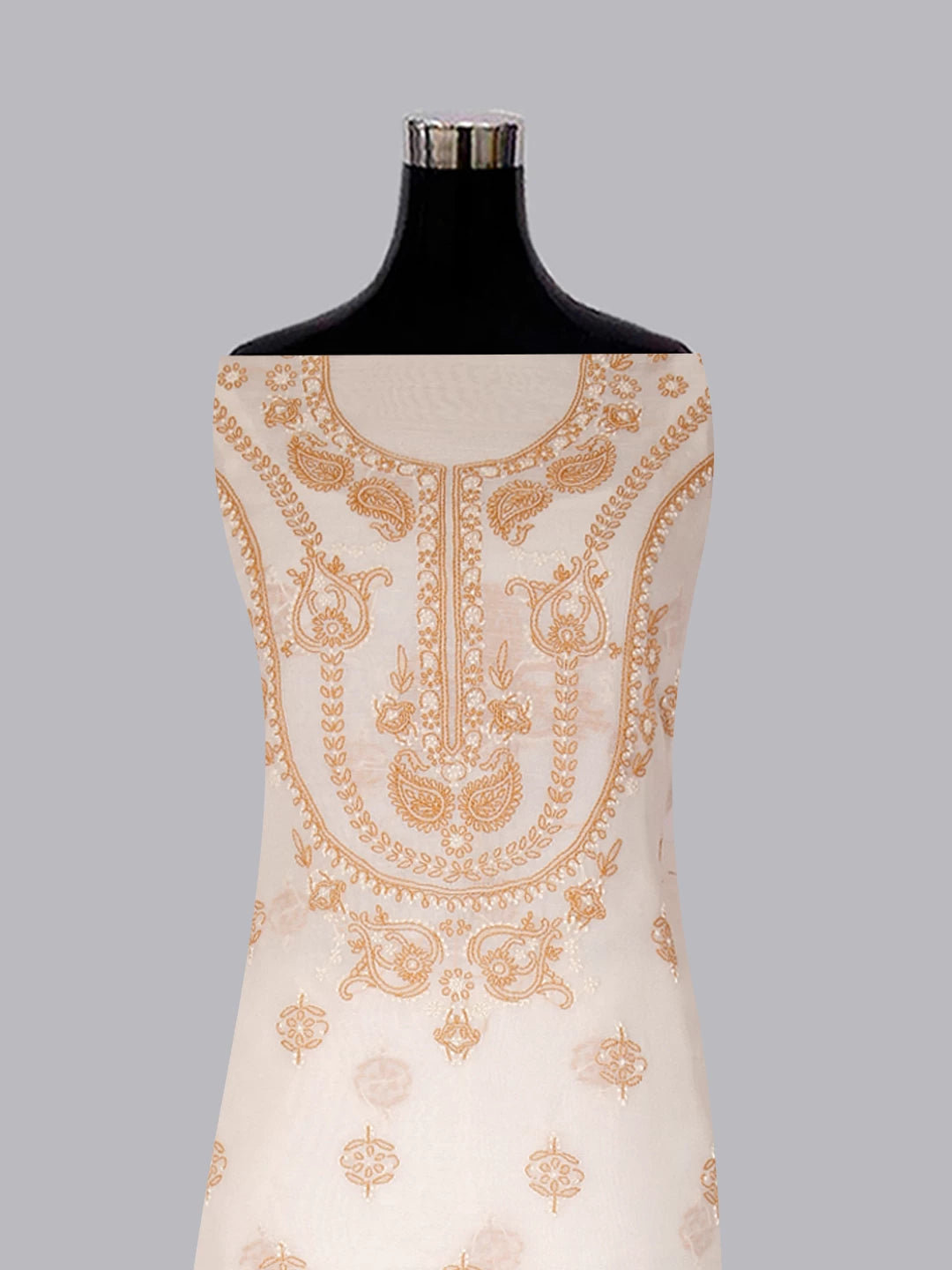 Ada Hand Embroidered Cream Chanderi Lucknowi Chikankari Unstitched Kurta Dupatta Set 01A384753