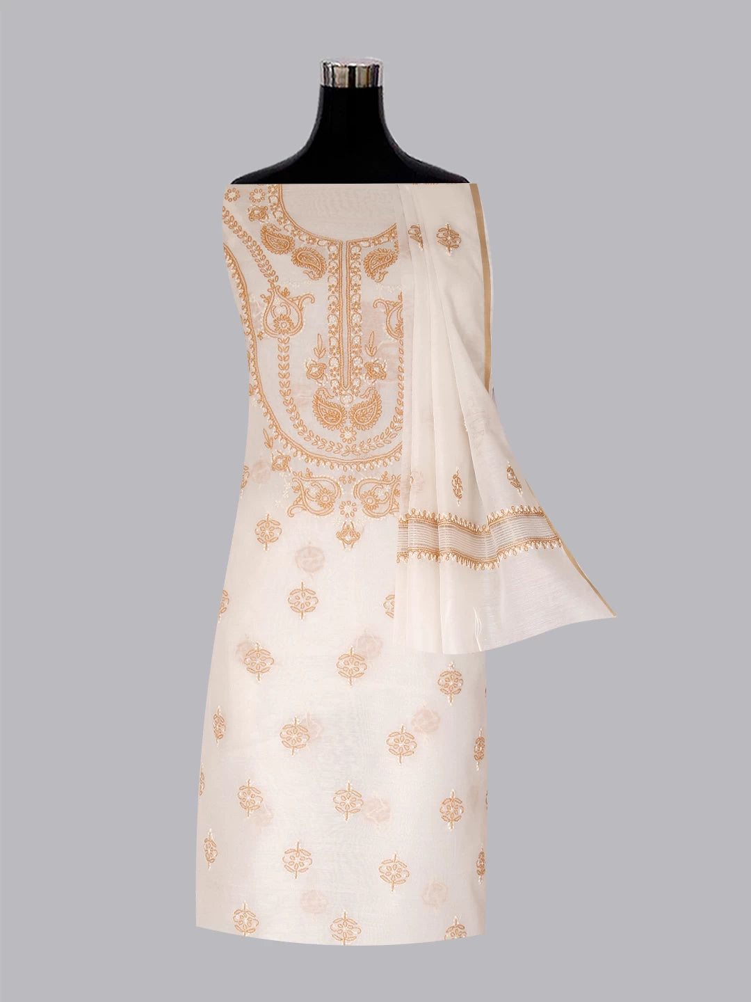 Ada Hand Embroidered Cream Chanderi Lucknowi Chikankari Unstitched Kurta Dupatta Set 01A384753