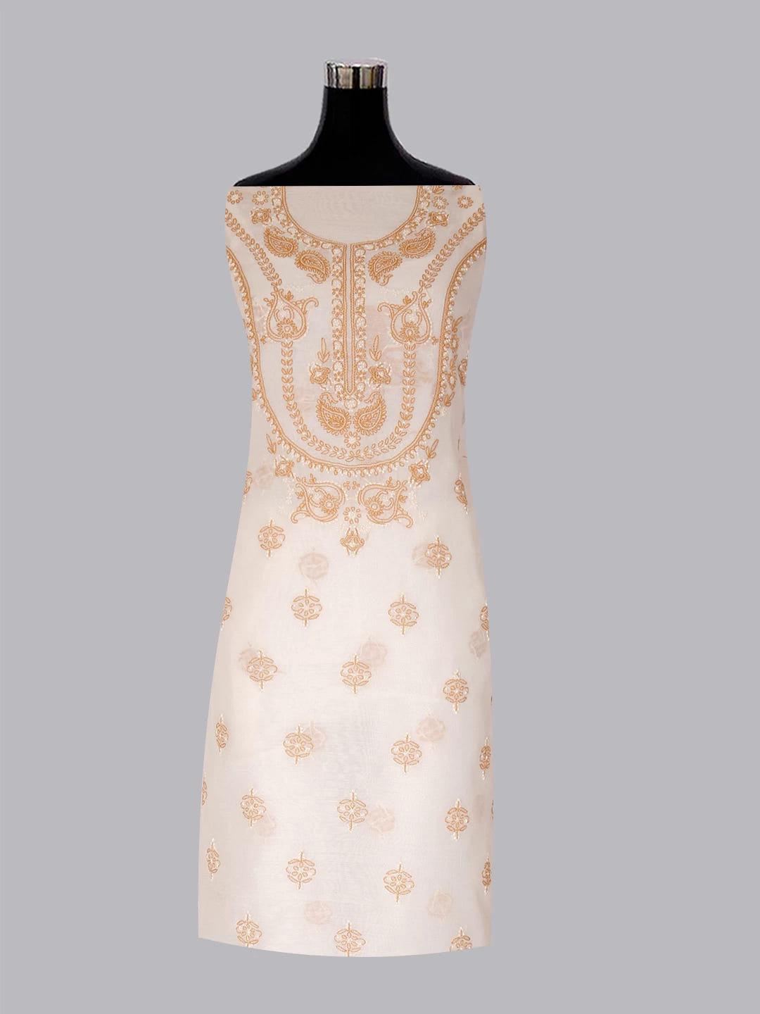 Ada Hand Embroidered Cream Chanderi Lucknowi Chikankari Unstitched Kurta Dupatta Set 01A384753