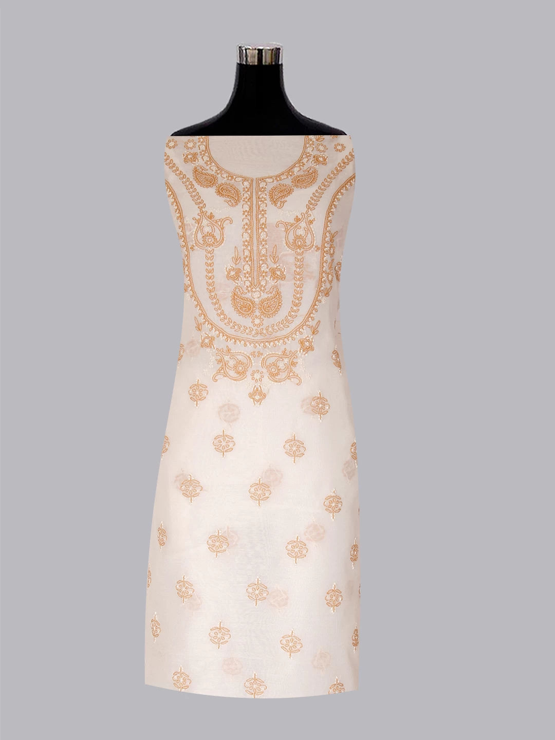 Ada Hand Embroidered Cream Chanderi Lucknowi Chikankari Unstitched Kurta Dupatta Set 01A384753