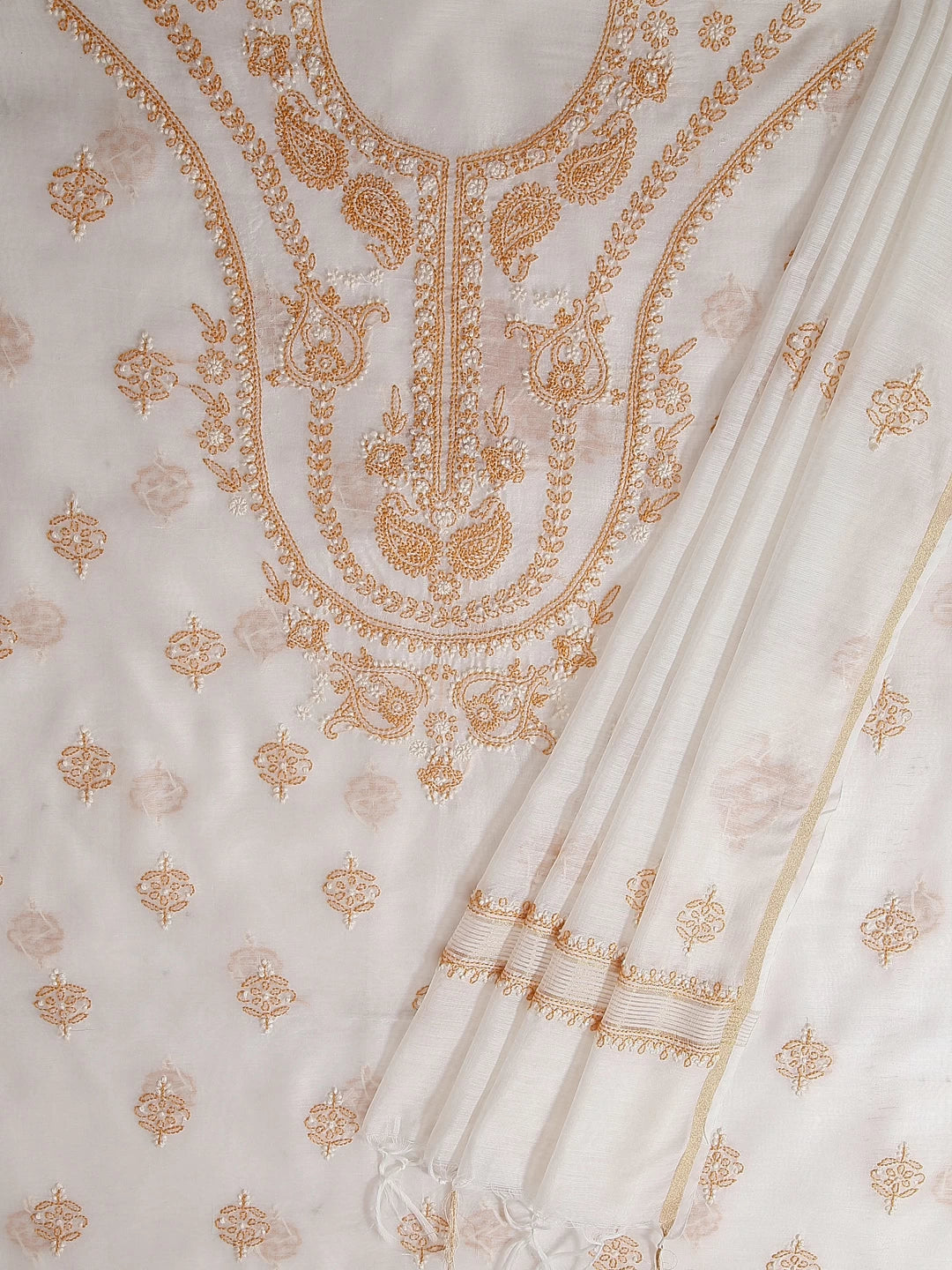 Ada Hand Embroidered Cream Chanderi Lucknowi Chikankari Unstitched Kurta Dupatta Set 01A384753