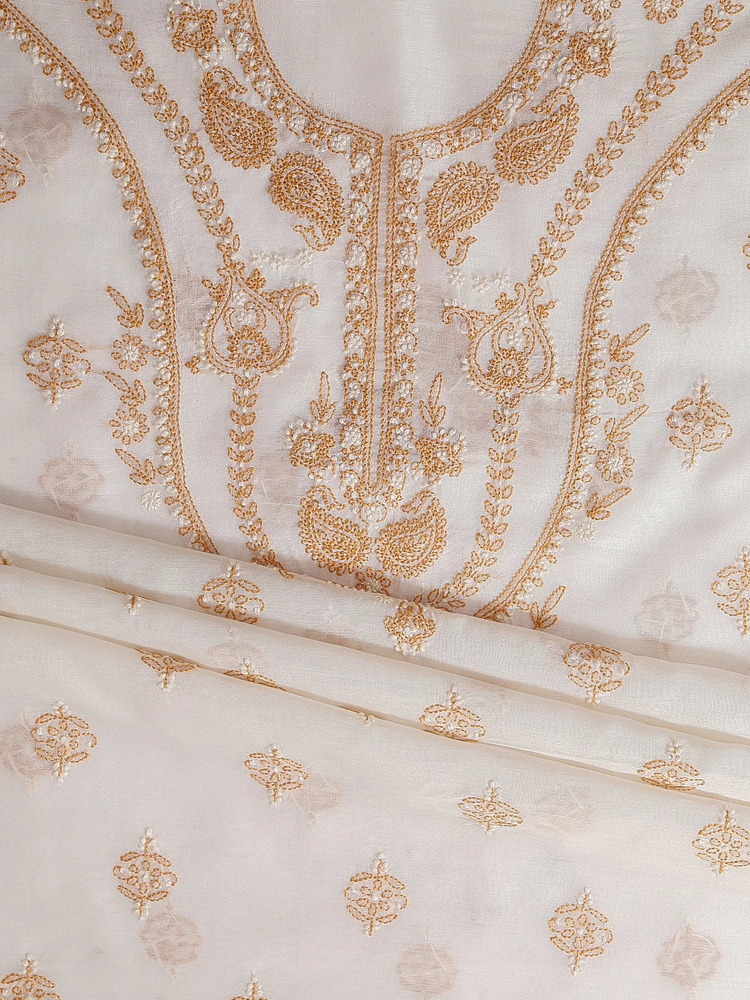 Ada Hand Embroidered Cream Chanderi Lucknowi Chikankari Unstitched Kurta Dupatta Set 01A384753