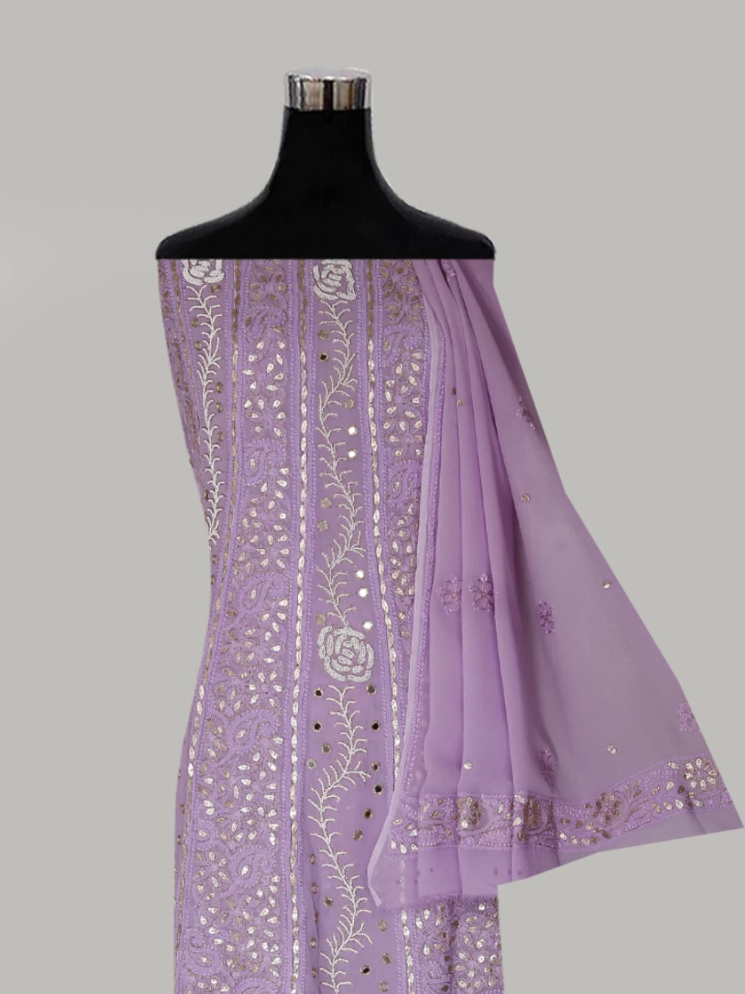 Ada Hand Embroidered Mauve Georgette Lucknowi Chikankari Semi-Stitched Anarkali Kurta Dupatta Set  With Pearl Work 01A381017