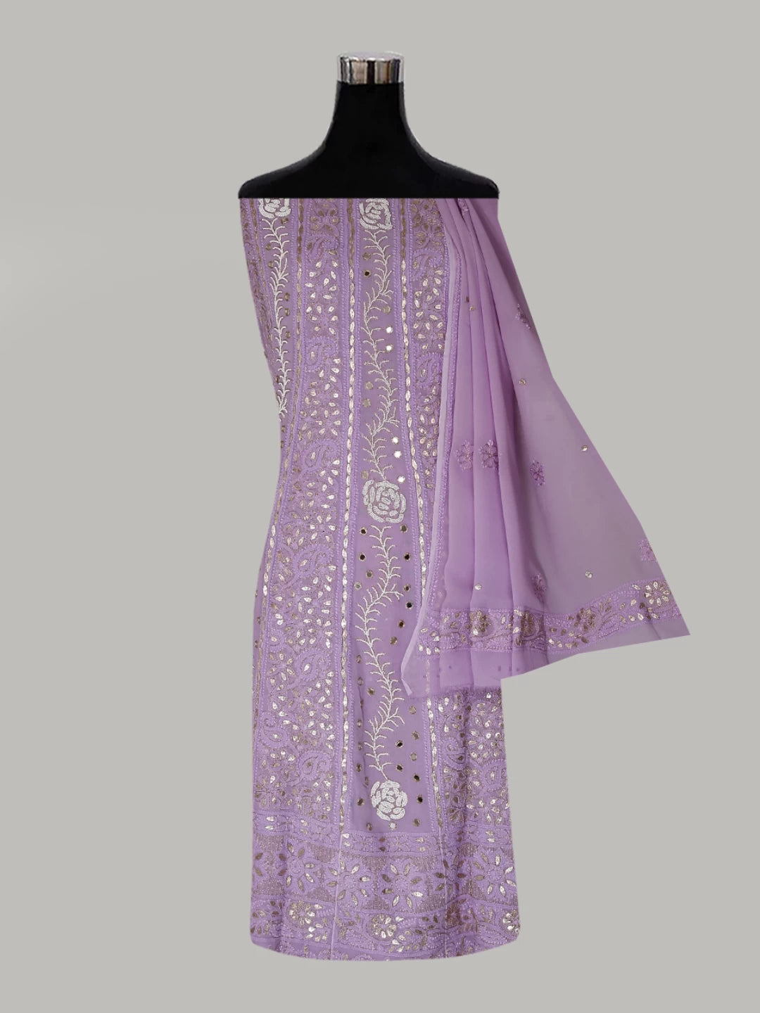 Ada Hand Embroidered Mauve Georgette Lucknowi Chikankari Semi-Stitched Anarkali Kurta Dupatta Set  With Pearl Work 01A381017