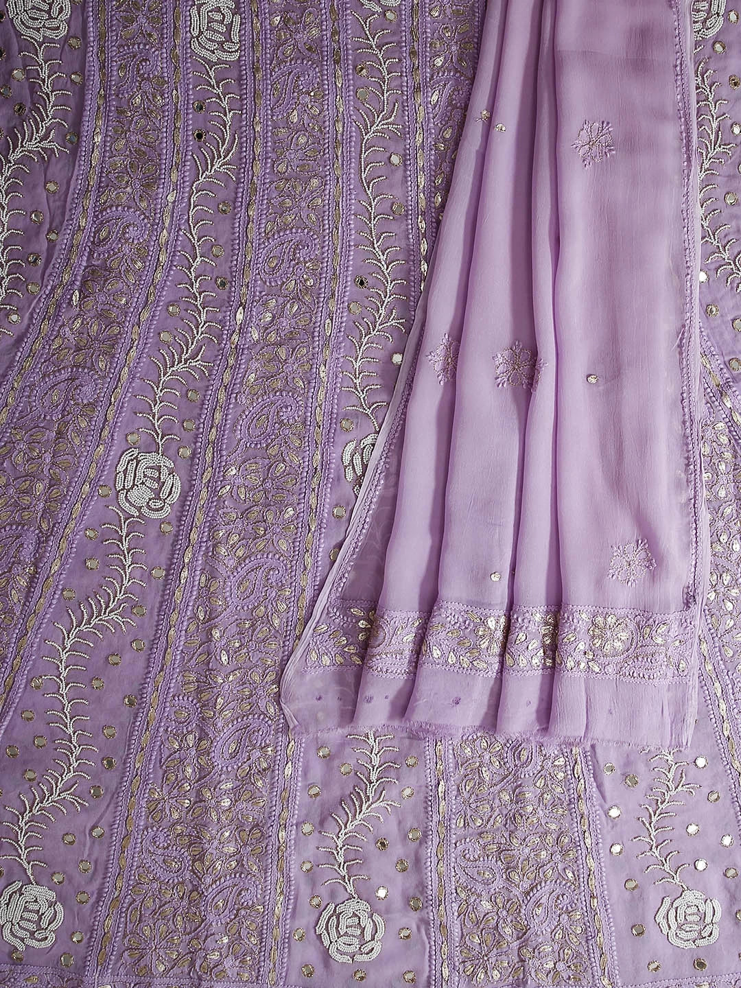 Ada Hand Embroidered Mauve Georgette Lucknowi Chikankari Semi-Stitched Anarkali Kurta Dupatta Set  With Pearl Work 01A381017