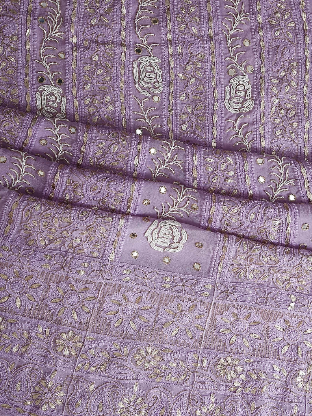 Ada Hand Embroidered Mauve Georgette Lucknowi Chikankari Semi-Stitched Anarkali Kurta Dupatta Set  With Pearl Work 01A381017