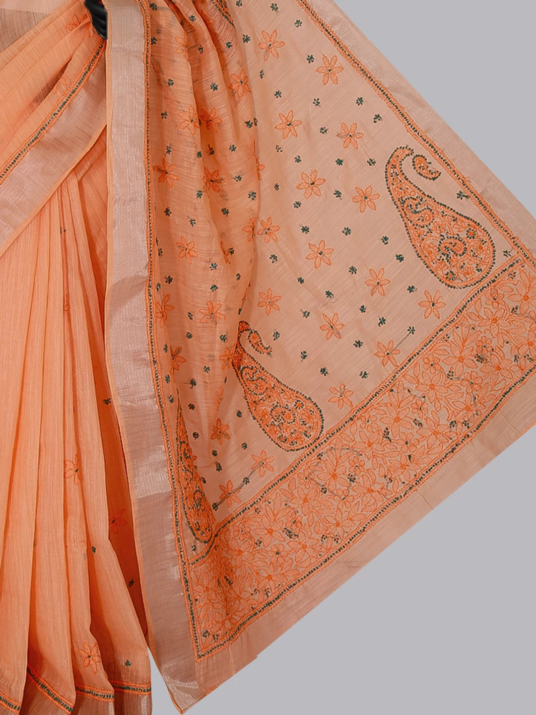 Ada Hand Embroidered Peach Chanderi Lucknowi Chikankari Saree With Blouse 01A453554