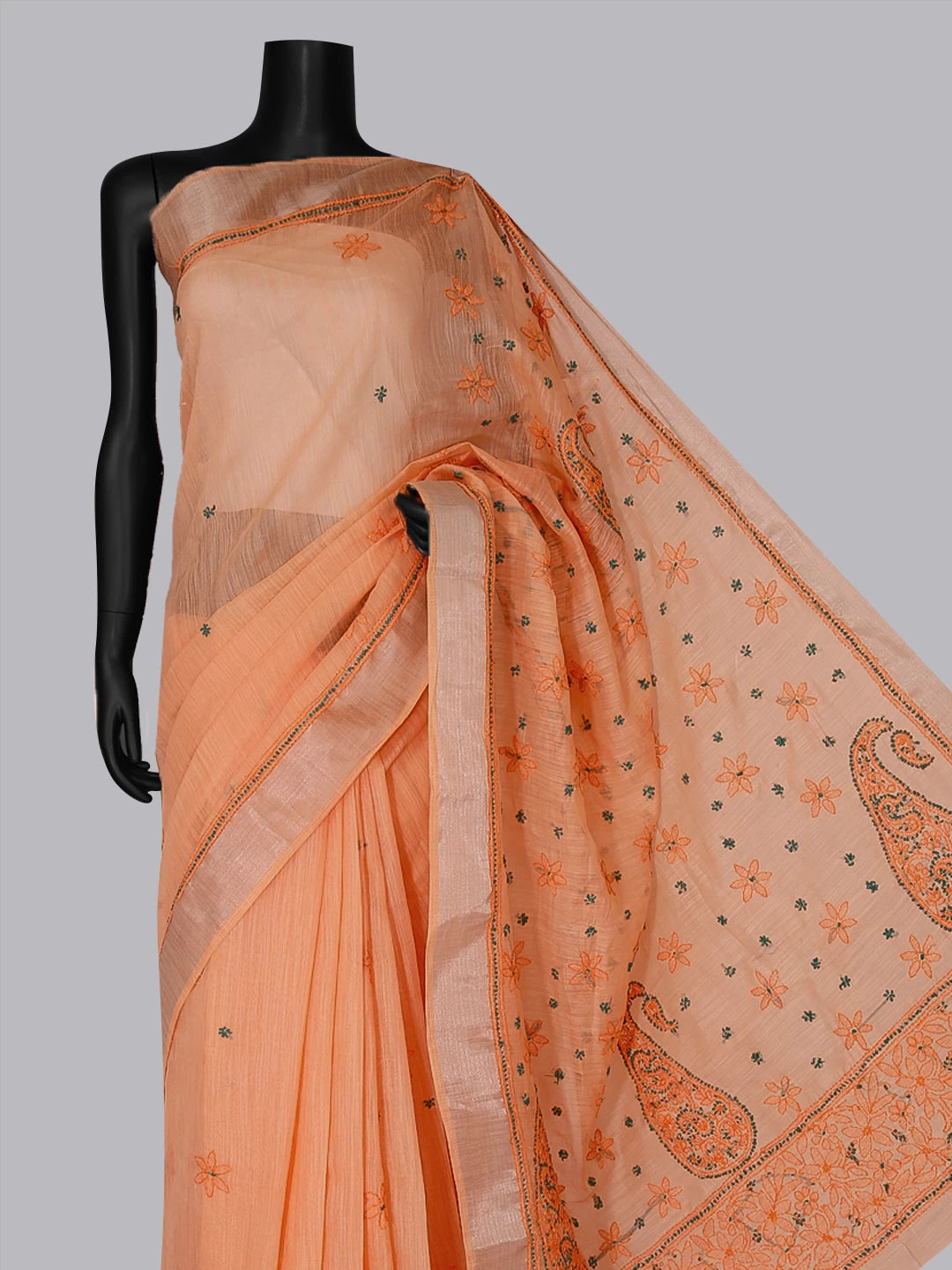 Ada Hand Embroidered Peach Chanderi Lucknowi Chikankari Saree With Blouse 01A453554