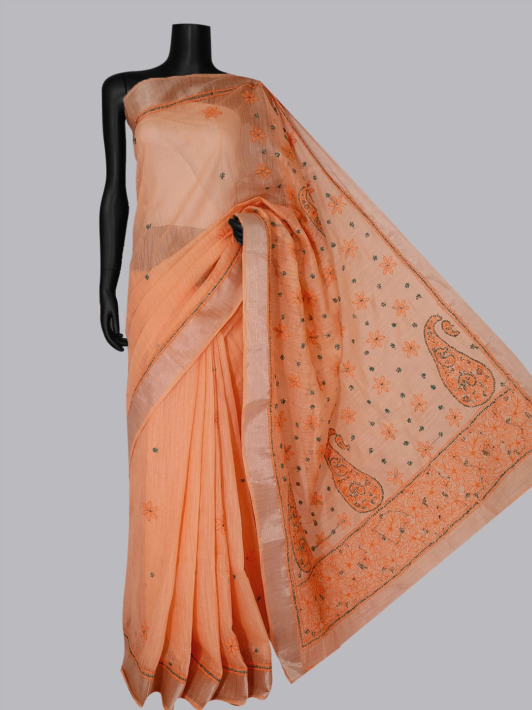 Ada Hand Embroidered Peach Chanderi Lucknowi Chikankari Saree With Blouse 01A453554