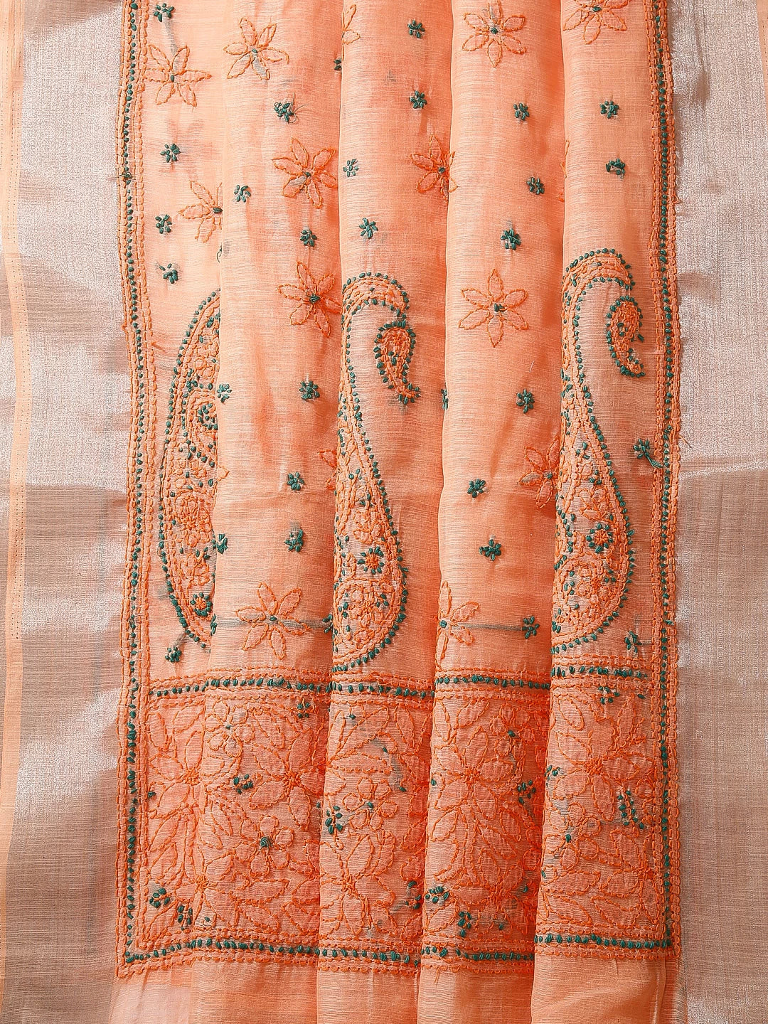 Ada Hand Embroidered Peach Chanderi Lucknowi Chikankari Saree With Blouse 01A453554
