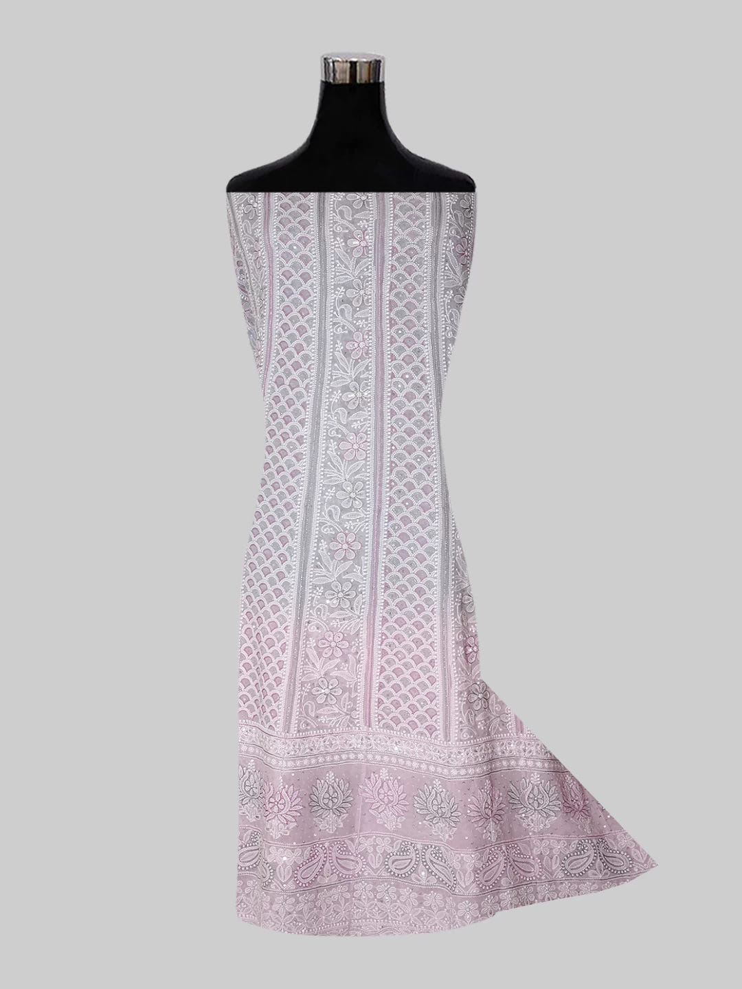 Ada Hand Embroidered Grey And Pink Ombre shade Georgette Lucknowi Chikankari Semi-Stitched Anarkali Kurta Dupatta Set With Cutdana Work 01A412475