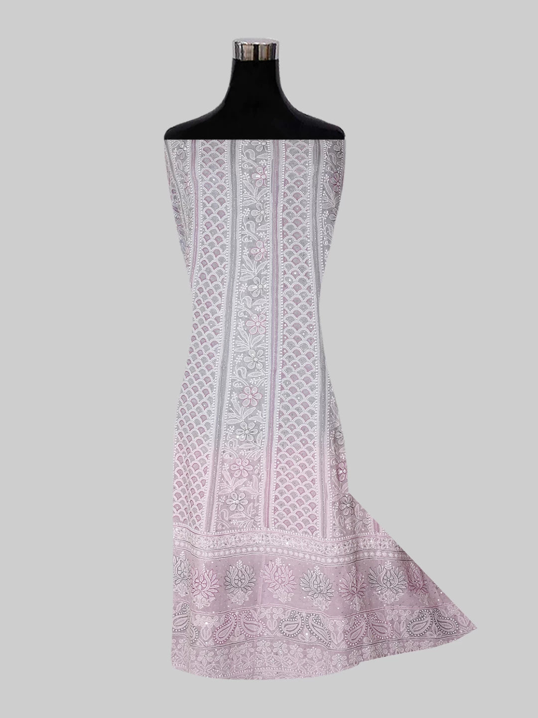 Ada Hand Embroidered Grey And Pink Ombre shade Georgette Lucknowi Chikankari Semi-Stitched Anarkali Kurta Dupatta Set With Cutdana Work 01A412475