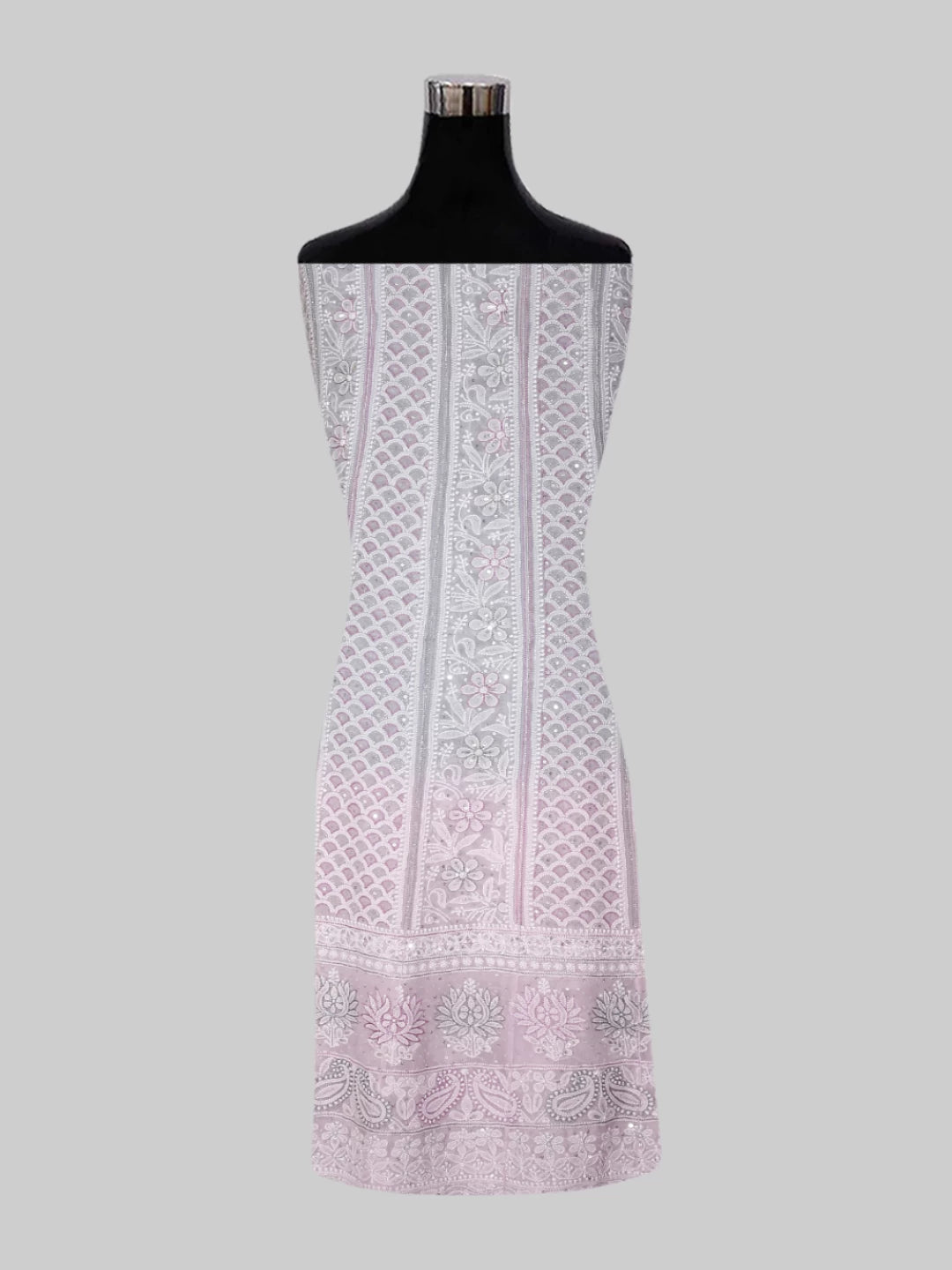 Ada Hand Embroidered Grey And Pink Ombre shade Georgette Lucknowi Chikankari Semi-Stitched Anarkali Kurta Dupatta Set With Cutdana Work 01A412475
