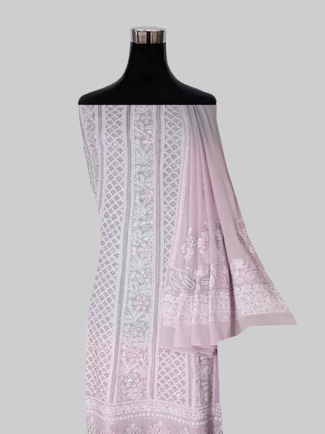 Ada Hand Embroidered Grey And Pink Ombre shade Georgette Lucknowi Chikankari Semi-Stitched Anarkali Kurta Dupatta Set With Cutdana Work 01A412475