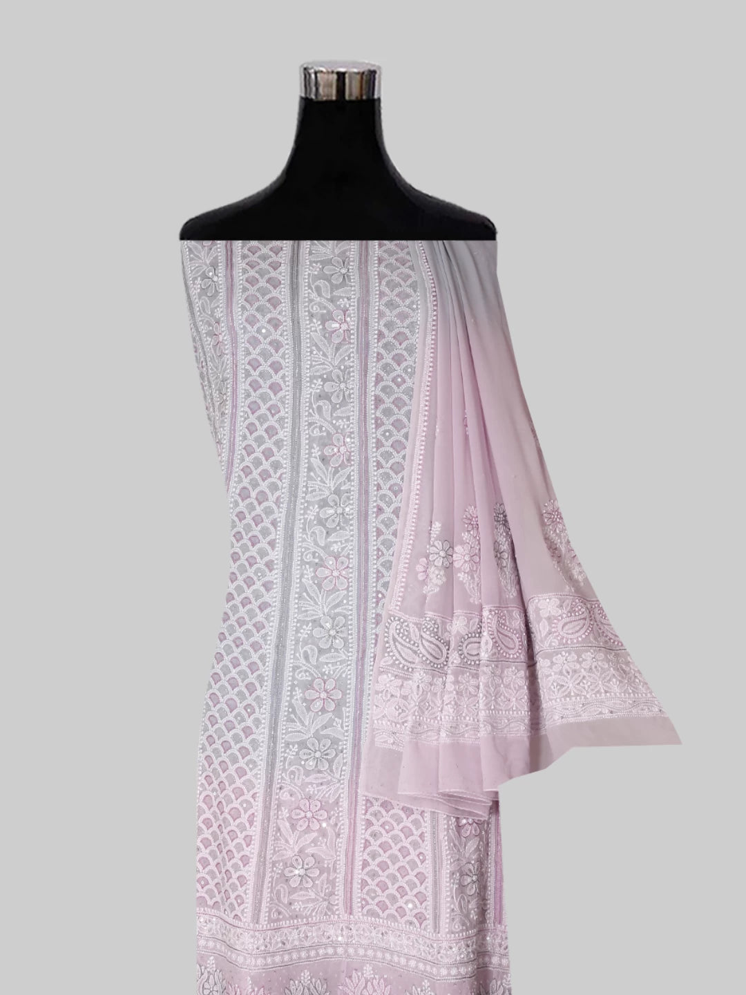 Ada Hand Embroidered Grey And Pink Ombre shade Georgette Lucknowi Chikankari Semi-Stitched Anarkali Kurta Dupatta Set With Cutdana Work 01A412475