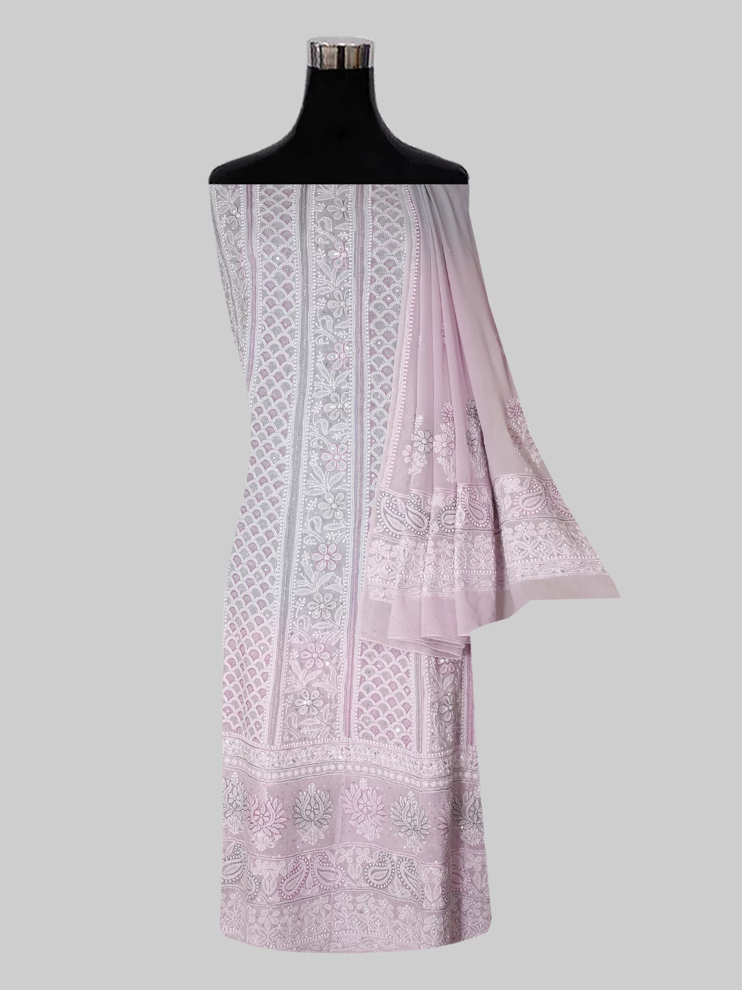 Ada Hand Embroidered Grey And Pink Ombre shade Georgette Lucknowi Chikankari Semi-Stitched Anarkali Kurta Dupatta Set With Cutdana Work 01A412475