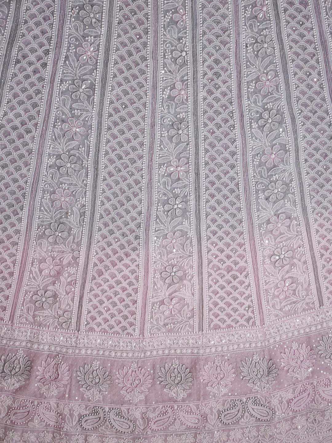 Ada Hand Embroidered Grey And Pink Ombre shade Georgette Lucknowi Chikankari Semi-Stitched Anarkali Kurta Dupatta Set With Cutdana Work 01A412475