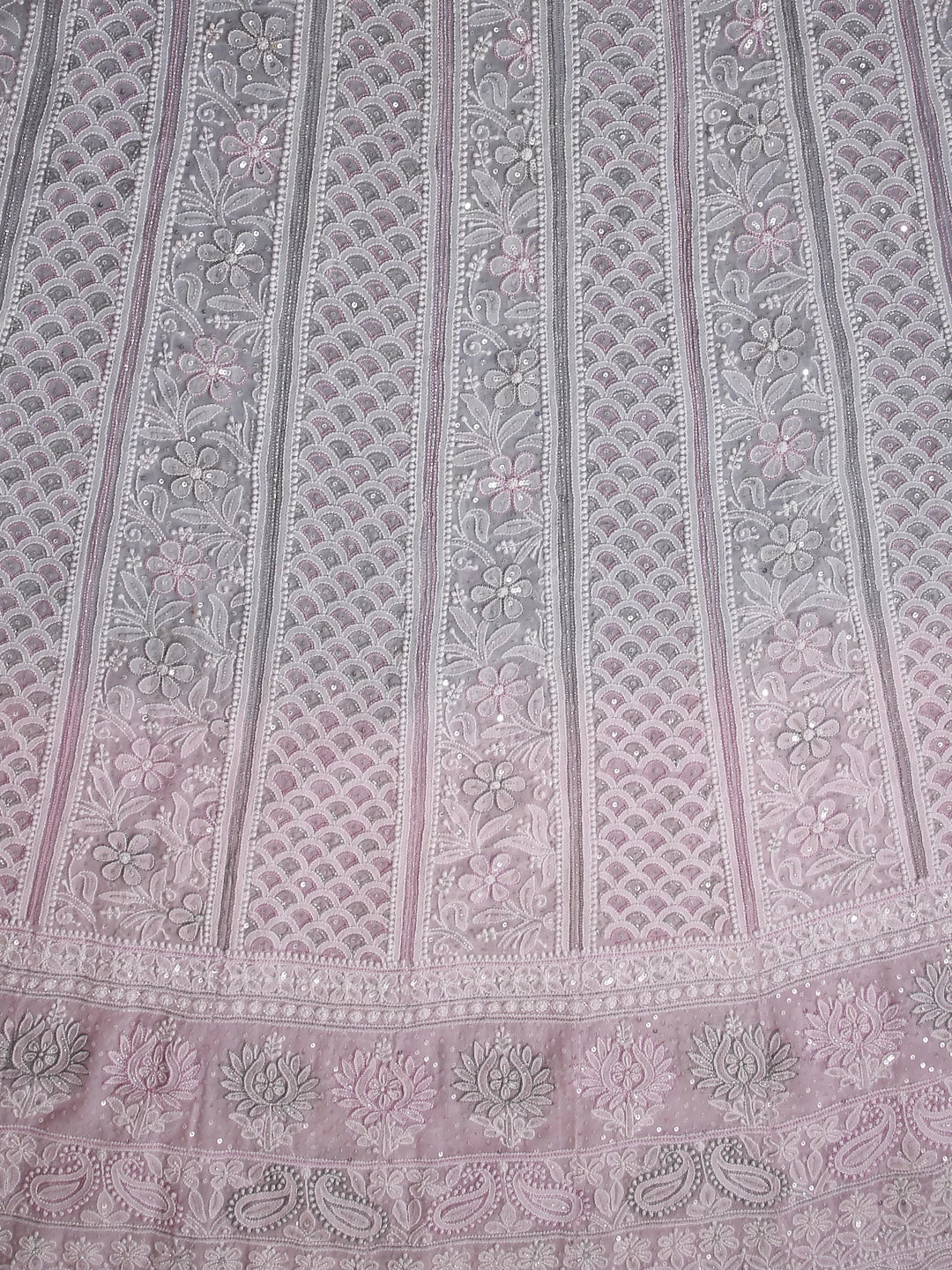 Ada Hand Embroidered Grey And Pink Ombre shade Georgette Lucknowi Chikankari Semi-Stitched Anarkali Kurta Dupatta Set With Cutdana Work 01A412475