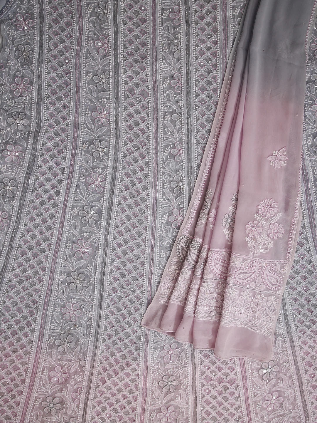 Ada Hand Embroidered Grey And Pink Ombre shade Georgette Lucknowi Chikankari Semi-Stitched Anarkali Kurta Dupatta Set With Cutdana Work 01A412475