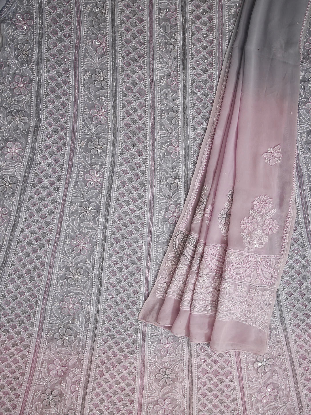 Ada Hand Embroidered Grey And Pink Ombre shade Georgette Lucknowi Chikankari Semi-Stitched Anarkali Kurta Dupatta Set With Cutdana Work 01A412475